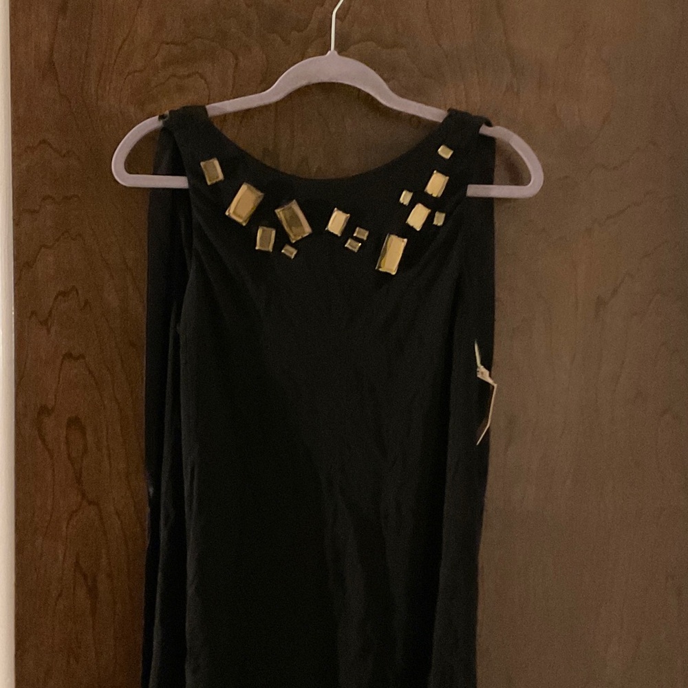 One-Shoulder Black Dress with Gold Accent Embellishments